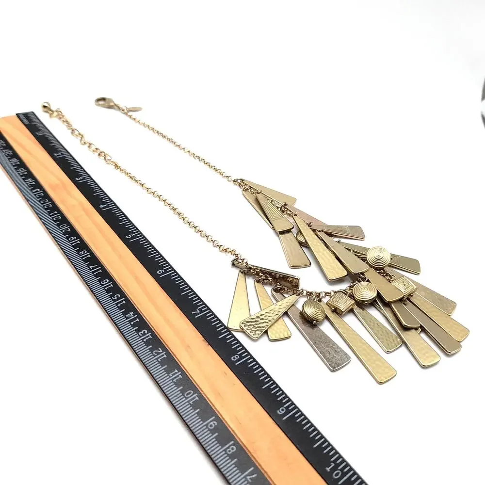 Chico's Gold Metal Fringe Necklace, Swirled Charm Accents, 18 1/2